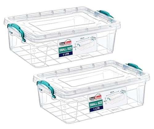 Image of Best House | Small Plastic Storage Box with Clips & Lids | Size 1L (L:21.6cm W:14.6cm H:6cm)| Set of 2 | Flat Shape |Stackable Clear Multipurpose Home Office Kitchen Tools Crafts Bits N Pcs-1 Litres