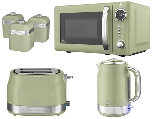 Image of Swan Retro Revive Green Kitchen Bundle Set – 1.7L Rapid Boil Kettle, 2 Slice Toaster, 800W 20L Digital Microwave and Tea, Coffee, Sugar Canisters. Retro Gloss Finish with Chrome Accents