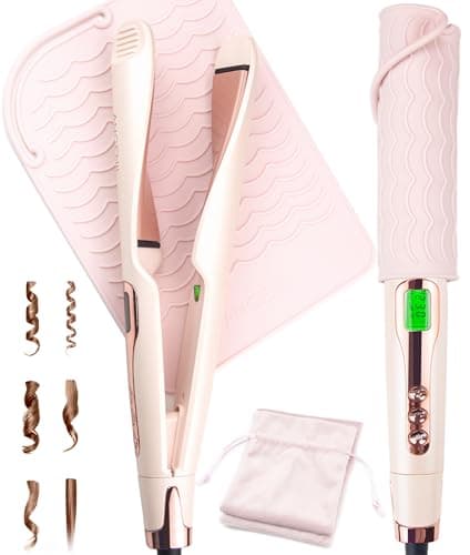 Image of ANGENIL Pro Twist Flat Iron Hair Straightener for Women, 2 in 1 Straightener and Curling Iron, Round Pink Dual Voltage Hair Straightener with Silicone Heat Resistant Mat, 20S Fast Heating, LCD Display