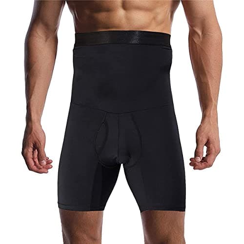 Image of Men Tummy Control Shorts, High Waist Slimming Shapewear Pants Compression Shorts Body Shaper Leg Underwear Boxer Briefs Waist Trainer Stretch Tight Pants Black