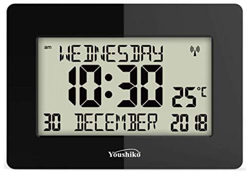 Image of Youshiko Radio Controlled Silent Large LCD Wall Clock (Offical UK Version) Auto Set Up with Day Date Month Helpful for DEMENTIA & ALZHEIMER SUFFERERS (Black)