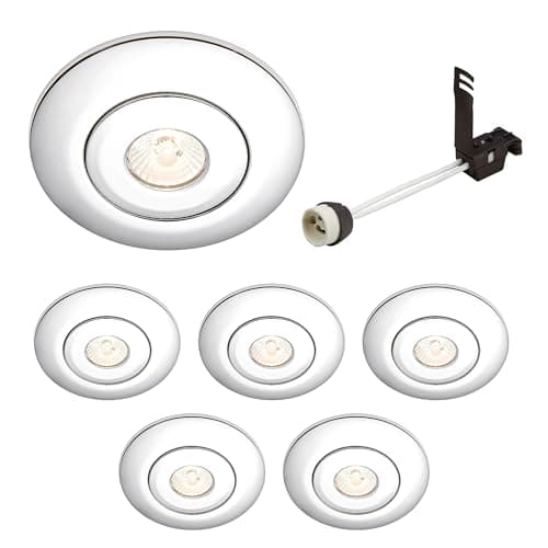 Image of National Lighting Spotlight Hole Converter, Recessed Chrome Ceiling Lights, GU10 Halogen or LED, Dimmable Downlights Conversion Kit 65mm-125mm IP20 Rated - Pack of 6