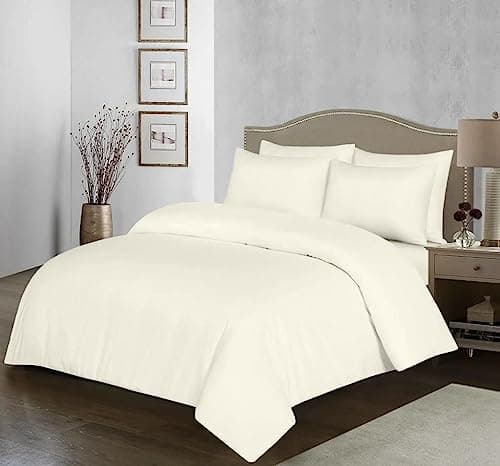 Image of 100% Egyptian Cotton Duvet Cover Set |200 Thread Count Plain Dyed Duvet Quilt Cover Set With Free Pillowcases| Non-Iron Easycare Bedding Set - Single Double King Super King Sizes (Cream, King)