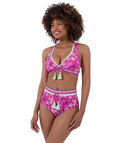 Image of Joe Browns Women's Bright Tropical Print Neon Lace Trim Bikini Top, Pink Multi, 16
