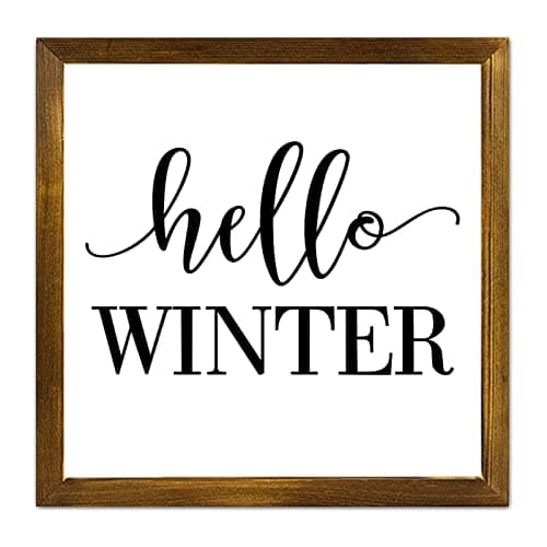 Image of Hello Winter Wooden Signs Motivational Christian Quote Framed Sign Christian Home Wall Decor Modern Wood Printed Sign for Kitchen Dining Room Living Room Housewarming 7x7in
