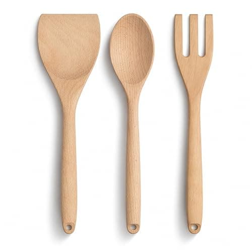 Image of Solid Beechwood Kitchen Utensils Set of 3 – Wooden Spoon, Spatula & Fork – Pre-Oiled, Non-Stick Safe Cooking Tools