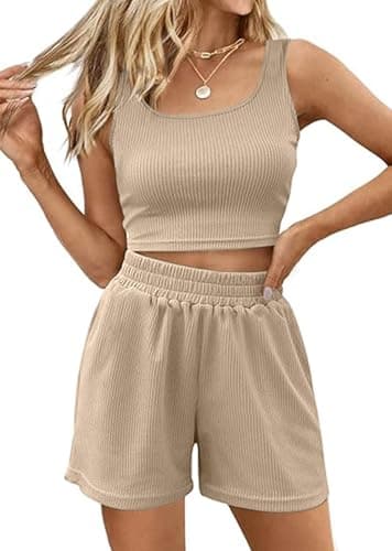 Image of CheChury Women's Co-ord 2 Piece Summer Outfit Crop Tank Top and High Waisted Shorts with Pockets for Streetwear Sport Beach Casual Loungewear,Khaki,M