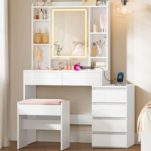 Image of VASAGLE KAILYN Collection - Dressing Table with LED Lights and Power Outlets, Modern Makeup Desk, Vanity Table with Mirror, Drawers, Adjustable Shelves, 40 x 105 x 145 cm, Cloud White RDT144WB02