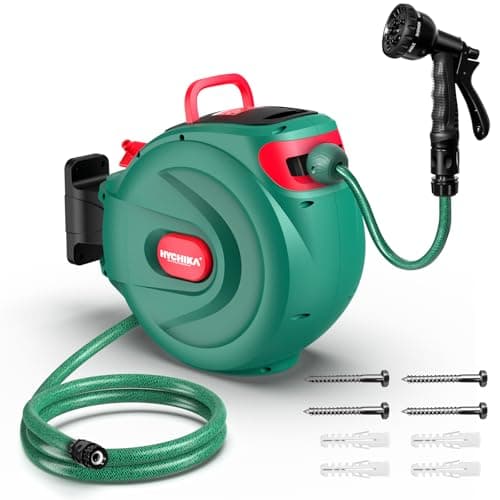Image of HYCHIKA Hose Reel 30M – Wall Mounted Retractable Hose Reel for Garden, Auto Lock and Auto Rewind, 8 Function Spray Gun, 180°Swivel Hose Box, Outdoor Watering Securely Store
