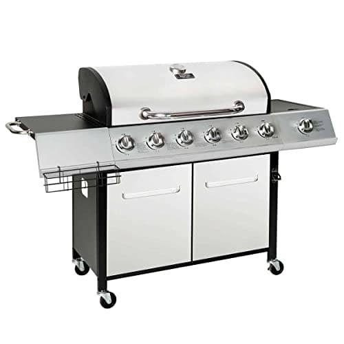 Image of CHARLES BENTLEY 7 Burner Premium Gas BBQ Barbecue with Side Burner, Warming Rack, Double Layered Hood, Side Table, Thermometer, Utensil Hooks, Bottle Opener, And More In Silver (152.5x110cm)