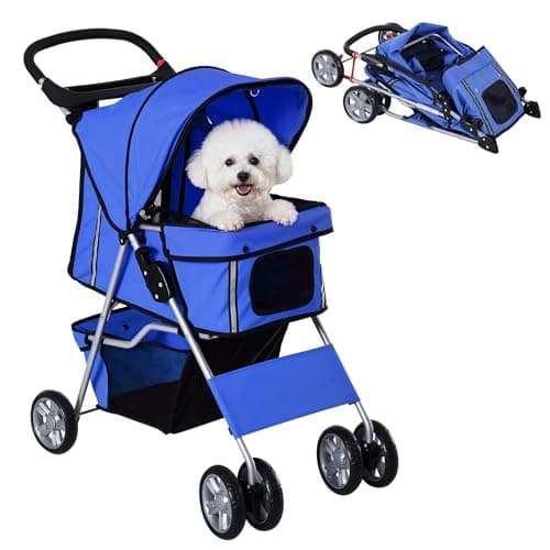Image of PawHut Pet Stroller for Small Dogs Cats Foldable Travel Carriage with Wheels Zipper Entry Cup Holder Storage Basket Blue