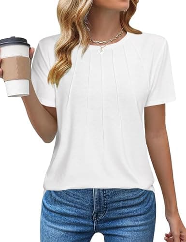 Image of Gyabnw Women Short Sleeve Tunic Tops Cotton Crew Neck T-Shirt Casual Loose Blouse Basic Summer Top White