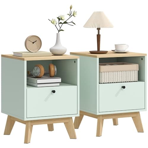 Image of HOMCOM Modern Nightstand Set of 2, Bedside Table with Drawer and Open Shelf, Side End Table for Bedroom, Light Green