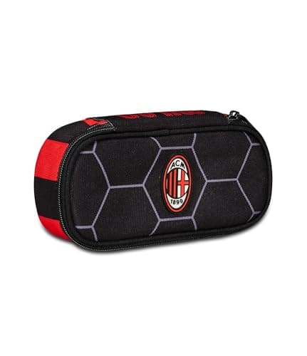 Image of Seven Round Plus School Pencil Case – A.C. Milan Football – Path of Victory, Black Red – Monozip School Pencil Case with Internal Organizer, Elastic Loops – School Backpack Accessories – Children's
