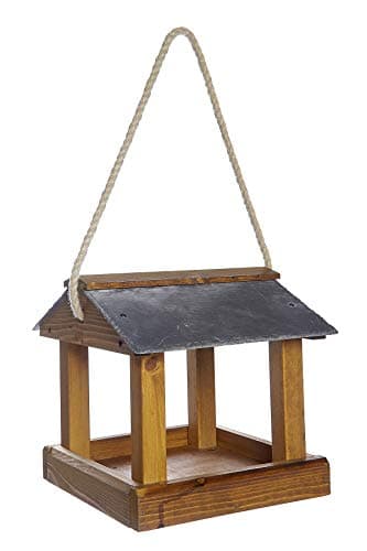 Image of Hanging Bird Table Slate Roof Garden Wild Bird Wooden Tray House Feeder