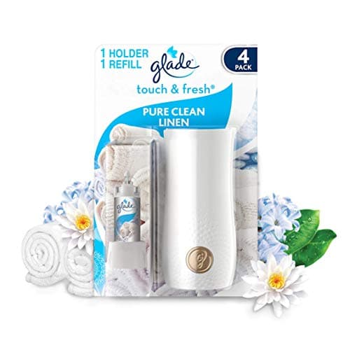 Image of Glade Touch & Fresh Air Freshener Spray, Touch Activated Odour Eliminator for Bathroom & Home, Clean Linen, Pack of 4 Starter Kits, (4 x Holder and 4 x 10ml Refill)