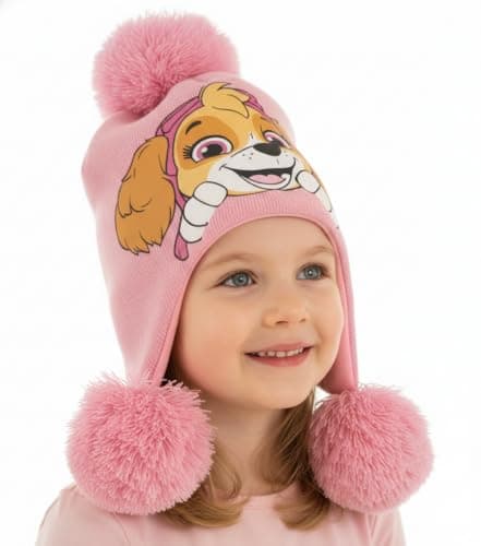 Image of A2Z 4 Kids Unisex Paw Patrol Bobble Hat Official Chase & Skye Winter Officially Licensed Hat Warm Fleece Lined Knitted Beanie with Pom Pom Soft Cosy Acrylic Cap Ideal for 3�7 Years One Size Pink