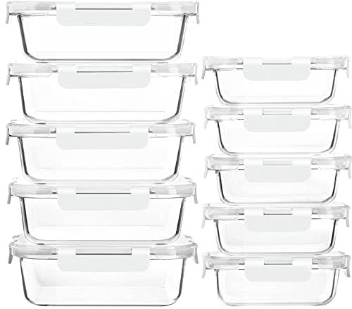 Image of Mcirco Glass Food Storage Container Set, 20 Pieces (10 Containers, 10 Transparent Lids) Dishwasher, Microwave and Freezer Friendly — Leak Proof, BPA Free, White..