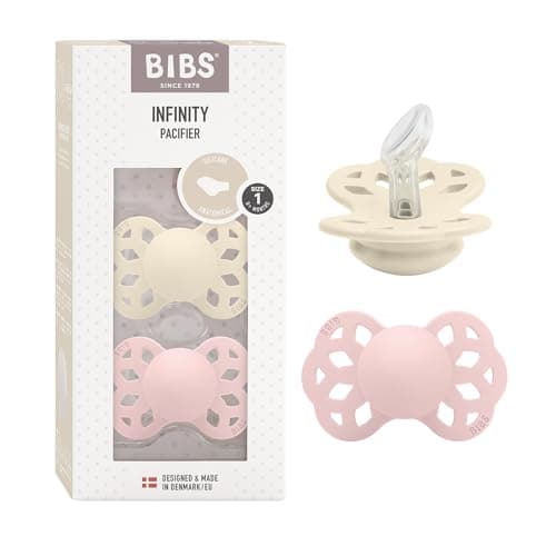 Image of BIBS Infinity Anatomical Soother 2-Pack, BPA Free, Orthodontic Silicone Nipple, Symmetrical Nipple. Silicone, Made in Denmark, Size 1 (0-6 Months), Ivory/Blossom
