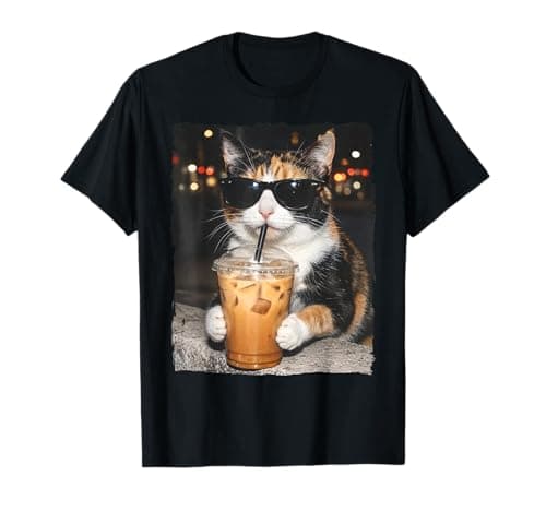 Image of Funny Cat Drinking Iced Coffee Funny Meme T-Shirt