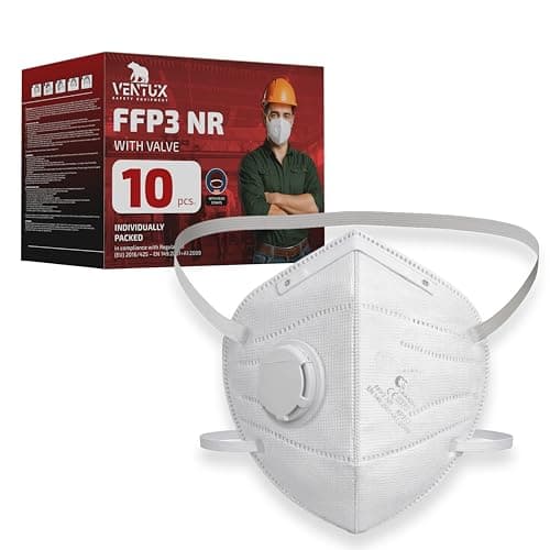 Image of VENTUX SAFETY EQUIPMENT FFP3 Mask with Valve – 10 Pack | Valved FFP3 Respirator Disposable Individually Wrapped | FFP3 Face Mask Valve Head Straps | High Filtration >99% | EN 149:2001