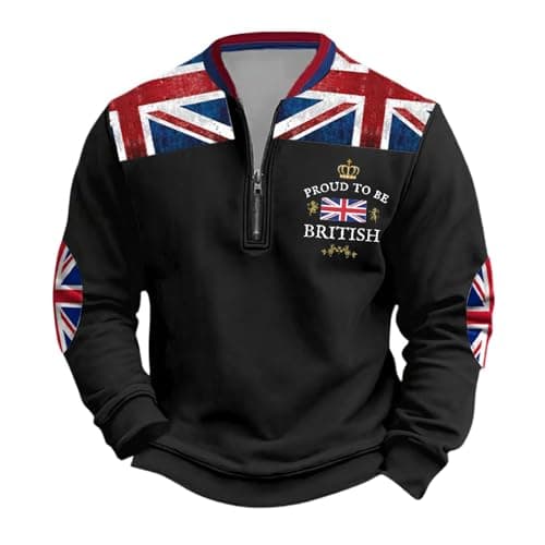 Image of DFEK England Flags Sweatshirt Men Union Jack Quarter Zip Pullover Tops British Flag Print Long Sleeve Blouse Sizes S-5XL(Black,L)