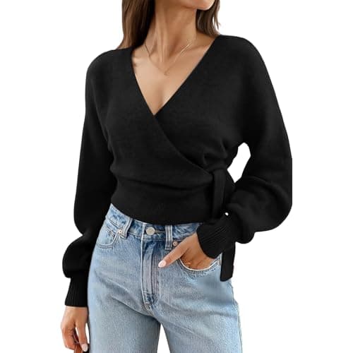 Image of Women's Cropped V Neck Knitted Jumpers Wrap Front Long Sleeve Tie Waist Top Soft Knit Pullover for Casual Daily Wear Loose Fit Fashion Blouse Fashion Ceremony Sweater Everyday Outings M Black
