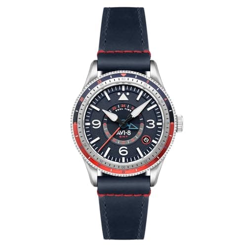 Image of AVI-8 Men's 40mm Flyboy Airmaster GMT Automatic Cockpit Blue Watch with Leather Strap AV-4128-04
