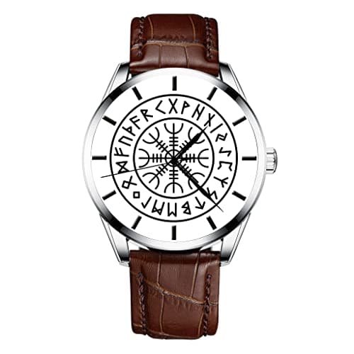 Image of WYPAN Men's Viking Watch,Norse Mythology Odin Helm of Awe Quartz movement,with Leather Strap Minimalist Vintage