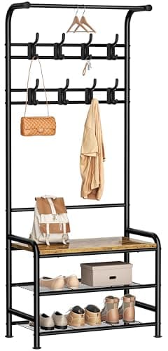 Image of HOMIDEC Coat Stand, 182cm Coat Rack with Shoe Bench Removable Hooks Hanging Rail, Coat and Shoe Rack for Hallway Entryway Small Space, Rustic Brown