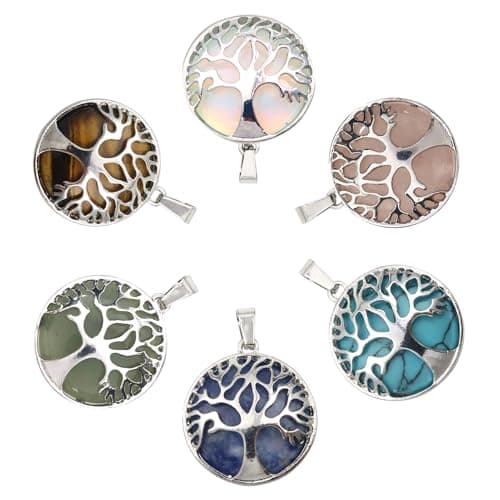 Image of TOAOB 6pcs 27mm Tree of Life Charms Natural Gemstone Pendant for Jewellery Making Mixed Colors Metal Frame Hollow Round Charms for DIY Necklace Bracelet Earring Craft Supplies