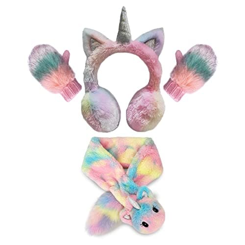 Image of Gifts Treat Girls Earmuffs Mittens and Scarf Set Kids Unicorn Ear Muffs and Knitted Gloves Neck Warmer Set in Colorful Plush Design, 3P-Color Unicorn, 7-14Y