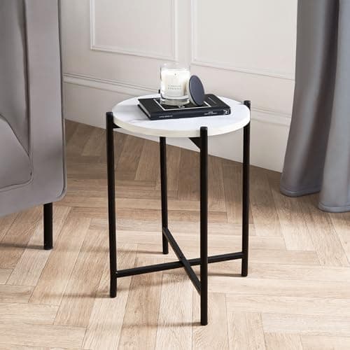 Image of OHS Round Side Table for Living Room, White Mable Top Small Coffee Tables with Sturdy Metal Frame Decorative Nightstand End Table Bedside Tables for Bedroom Office