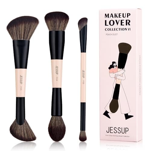 Image of Jessup Face Makeup Brushes 3pcs Double Ended Makeup Brush Set for Foundation Contour Blush Highlight and Powder, Premium Synthetic Face Make up Brushes Peach Dust T508