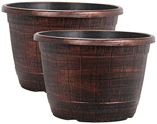 Image of Muddy Hands Copper Wooden Barrel Effect Plant Pot Round Plastic Planter Outdoor Garden Flower Tree Herb (2, 13.2 Litre)