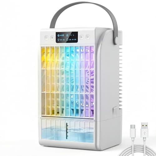 Image of HOMCOM Portable Air Conditioner, 4-in-1 Mini Air Cooler with 4 Wind Speed, 2 Mist Mode, RGB 7 LED Light, 1500ml Water Tank, DC Motor, 2-6H Timer, Small Cooling Fan for Home, Office, Bedroom, White