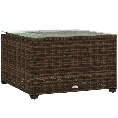 Image of Outsunny Outdoor Coffee Table, PE Rattan Side Table with Tempered Glass Top, Wicker Square Garden Coffee Table End Table with Steel Frame for Patio, Balcony, 60 x 62 x 38cm, Brown