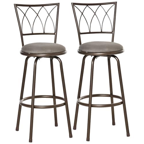 Image of HOMCOM Set of 2 Bar Chairs Swivel Upholstered Barstools with Armless Design, Metal Frame, Backrest and Footrest, Bronze Tone