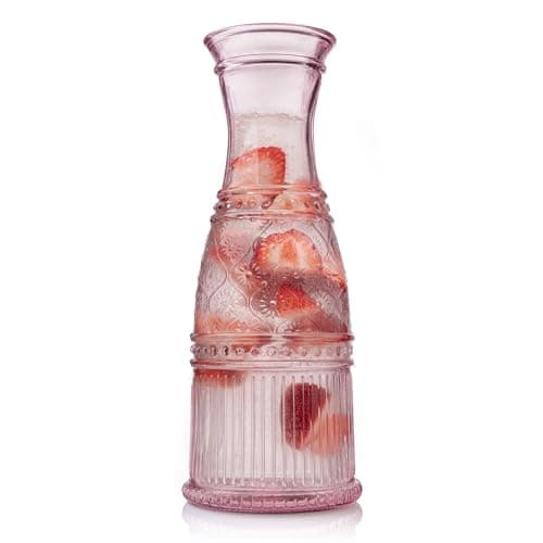 Image of Godinger Carafe Pitcher, Water Pitcher, Wine Carafe, Glass Water Pitcher, Vintage Decor - Pink, Claro Collection