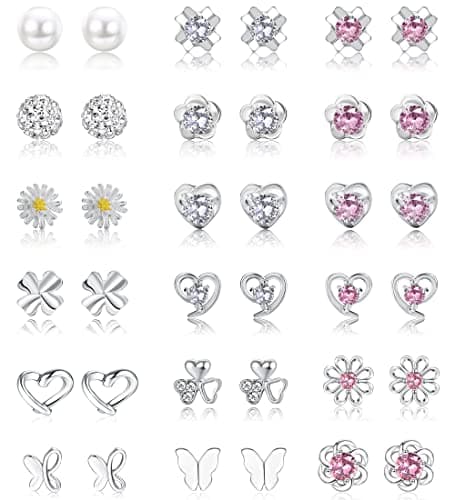 Image of YADOCA 18 Pairs 925 Sterling Silver Stud Earrings Set for Women Girls Cubic Zirconia Studs Pearl Crystal Round Heart Shape Flower Butterfly Small Cartilage Stud Earrings Jewelry