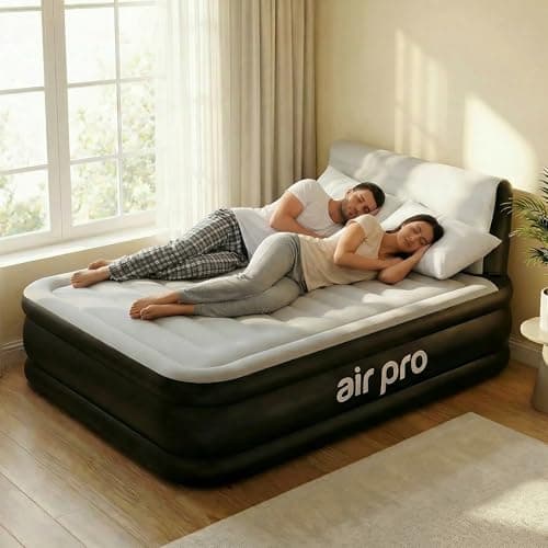 Image of Air Pro Double Size Inflatable Air Mattress with Headboard Built-In Electric Pump Quick 3 Min Self Inflating Airbed for Adults & Guests, Blow Up Air Bed For Comfort at Home Or Camping 190x137x46cm