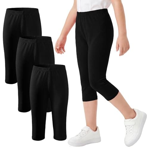 Image of FILOWA Girls Leggings Cotton 3 Pack Solid Cropped Legging Kids 3/4 Shorts Tights Pants with Elastic Waistband Capri Stretchy Trousers Cycling Sport School Casual for Child 9-10 Years, Black