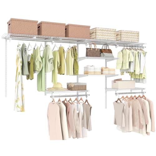Image of COSTWAY Closet Organiser System, Wall-Mounted Adjustable Metal Rail Garment Rack, Space Saving Clothes Storage Unit for Wardrobe and Bedroom (5 Hanging Rods + 7 Storage Shelves, White)