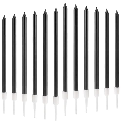 Image of mciskin 12pcs Long Thin Birthday Candles Set,Black Birthday Decorations for Women Men,Party Candle,Black Candle for Cake,Metallic Candles for Themed Party,Cake Decorations,Wedding Anniversary