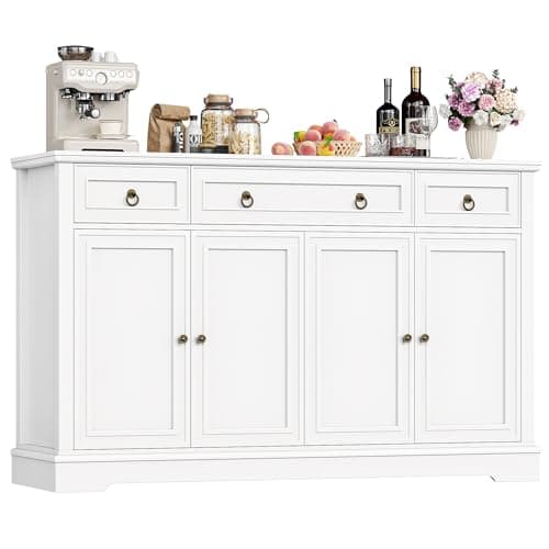Image of FirFurd Kitchen Sideboard Storage Cabinet White Sideboard Large Buffet Cupboard with 3 Drawers 4 Doors Adjustable Shelf for Living Room Dining Room Furniture 134x40x87cm