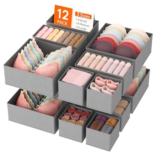 Image of Lifewit 12 Pack Drawer Organiser,Collapisble Fabric Chest of Draw Dividers for Closet, Dresser, Nursery, Bedroom, Foldable Cube Boxes for Clothes, Pants, Underwear, Sock, Bras Organization, Light Grey