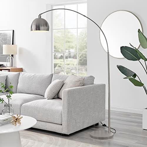 Image of Furniturebox UK Lighting - Holden Chrome Silver Metal Floor Arc Standing Lamp Light (Including Bulb) - Modern Standing Lamp - Silver Round Base, Chrome Arched Arm & Lampshade - Elegant & Simple