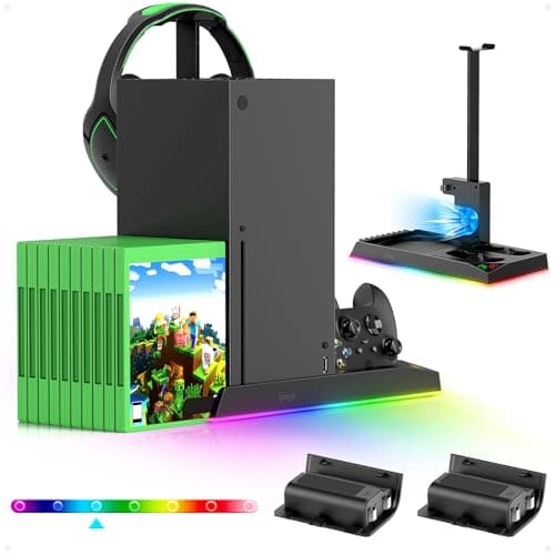Image of FASTSNAIL 6in1 Vertical Cooling Stand with RGB Light for Xbox Series X,Accessories with 2x1400mAh Batteries,Dual Controller Charging Station,Cooler System with 15-LED Light,Headset Stand,10 Game Slots
