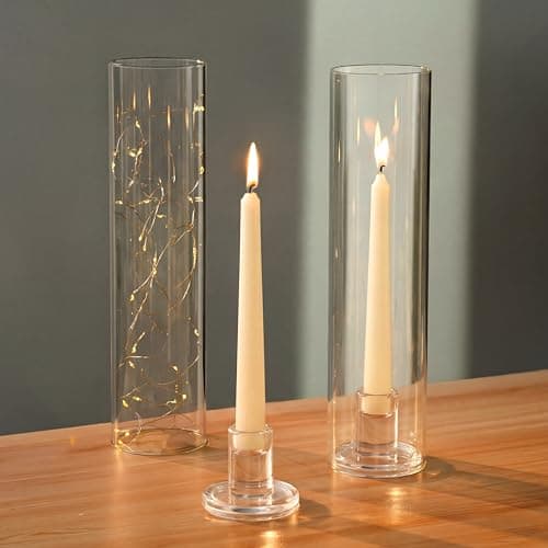 Image of NUPTIO Hurricane Candlestick Holders Glass: 2 Pcs Clear Taper Candle Holder Tall Glass Candle Stick Outdoor Candleholder Cylinder Shade Wedding Centrepieces for Tables Christmas Party Decor