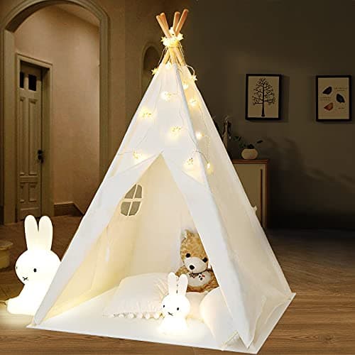 Image of IREENUO Teepee Tent for Kids with Fairy Lights, Foldable Children Play Tents Playhouse Toys for Girls/Boys Indoor & Outdoor Playing (White)